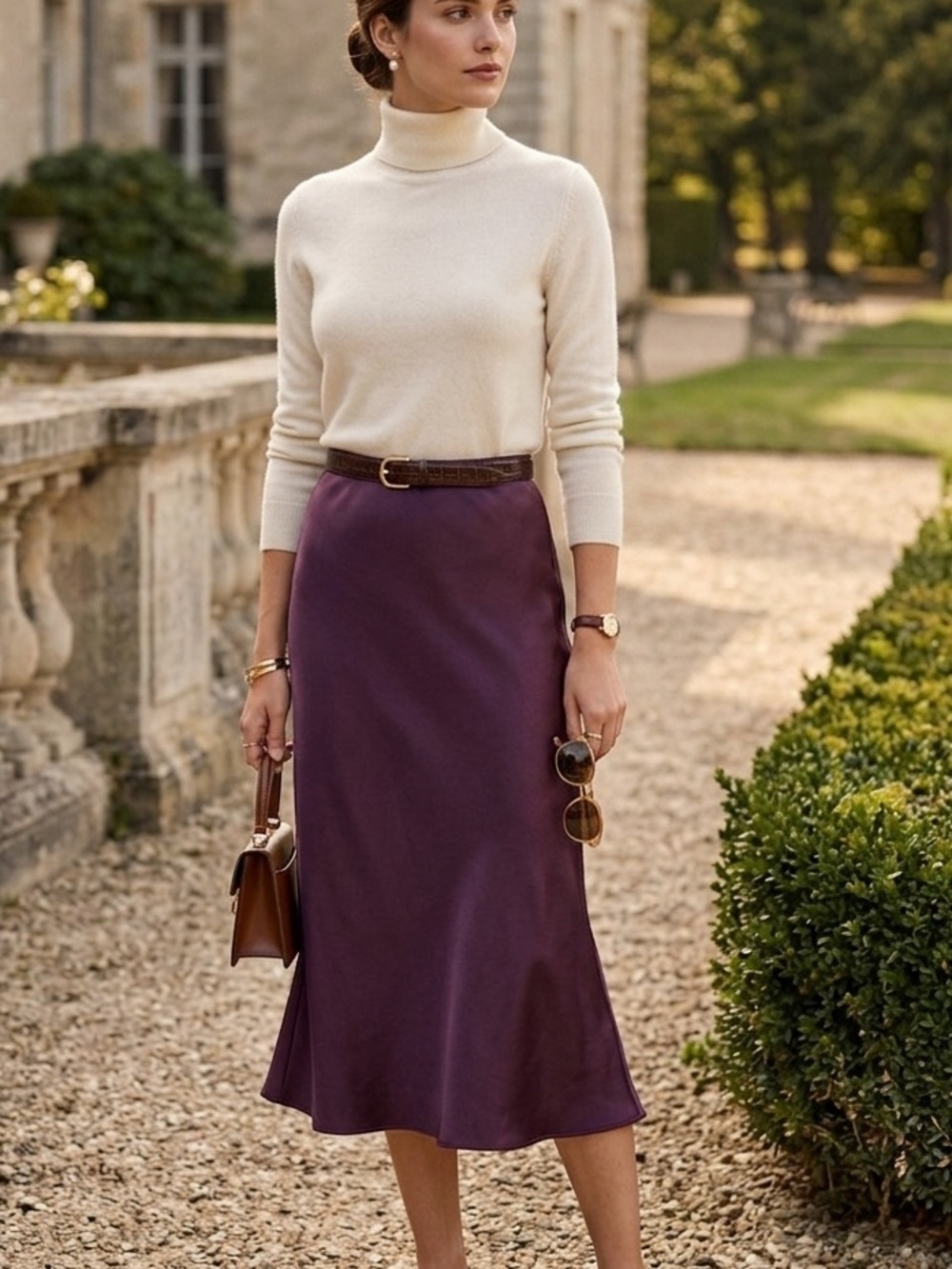 NWT Nicole Miller plum purple Satin Slip Midi Skirt Sz S Quiet Luxury Old Money